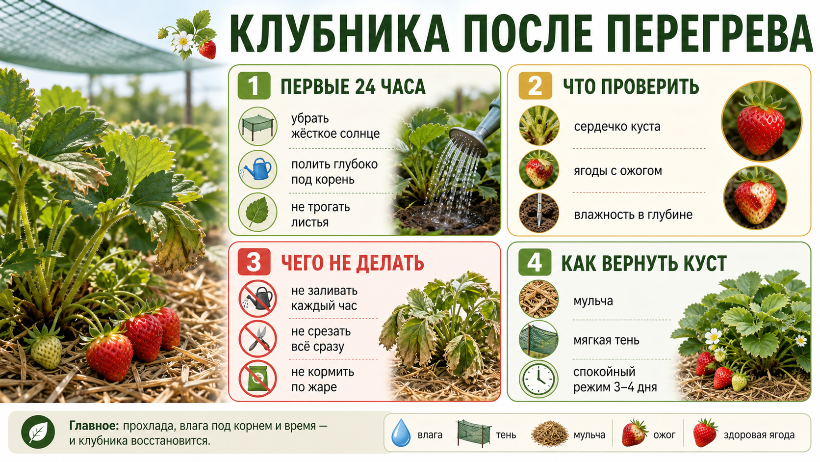 Инфографика по восстановлению клубники после перегрева